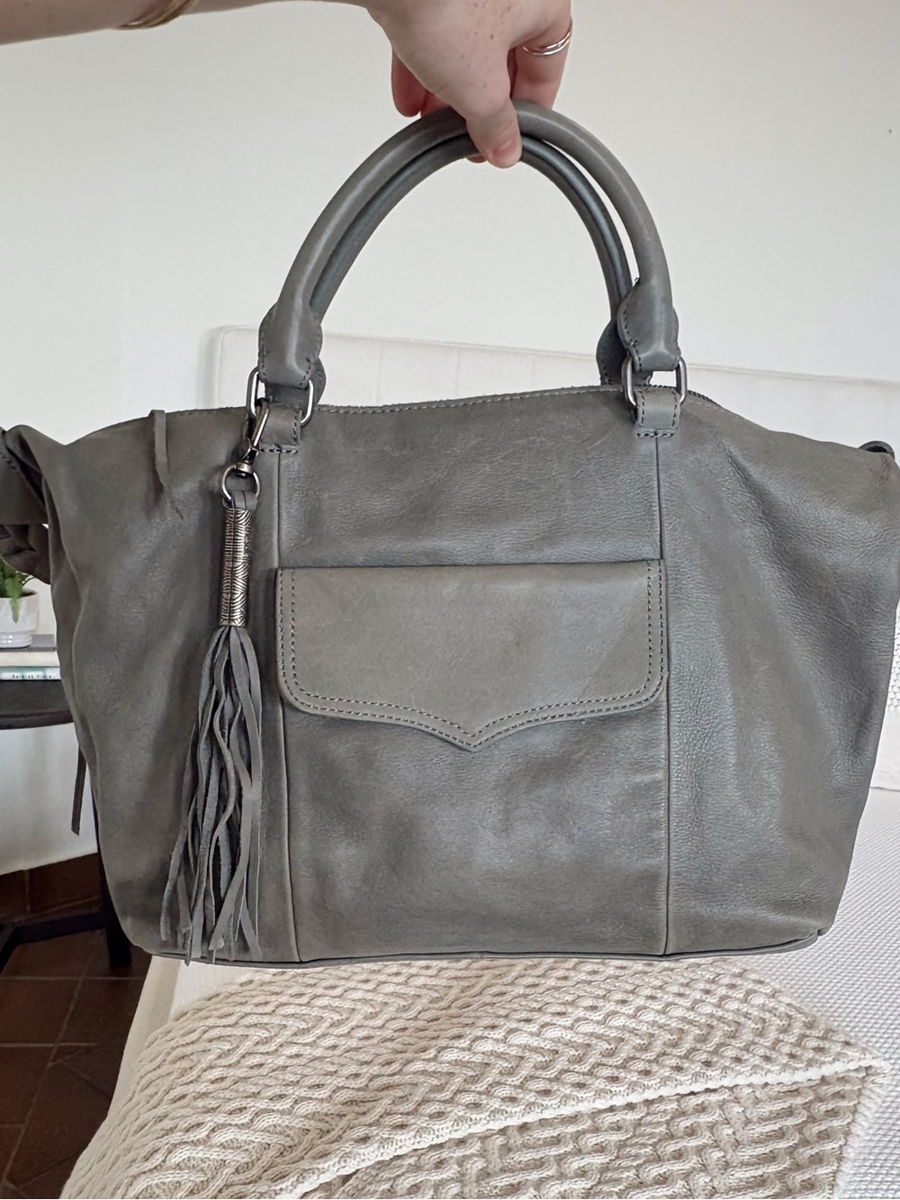 The Sak Stylish Gray Blue Leather Satchel Bag with Tassel Accent